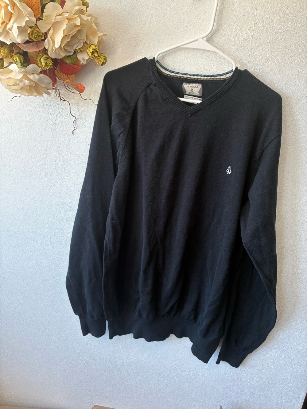 Volcom Black Knit Crewneck with Striped Trim